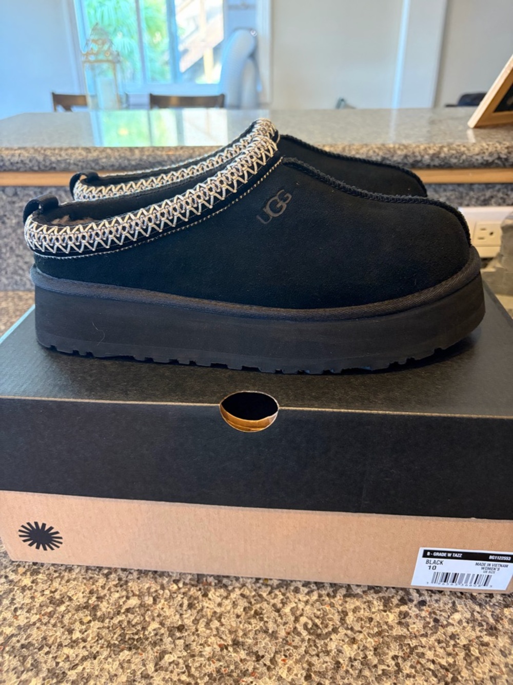 UGG Black Suede TAZZ Platform Mule with Contrast Stitching